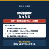 帰宅困難時はまず3日間動かないのが原則。歩く速さは時速3〜4キロで20キロなら6時間超かかることを示した図