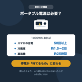 ポータブル電源1000Whでスマホ50回以上、冷蔵庫1.5〜2日、扇風機25時間が動くことを示した図