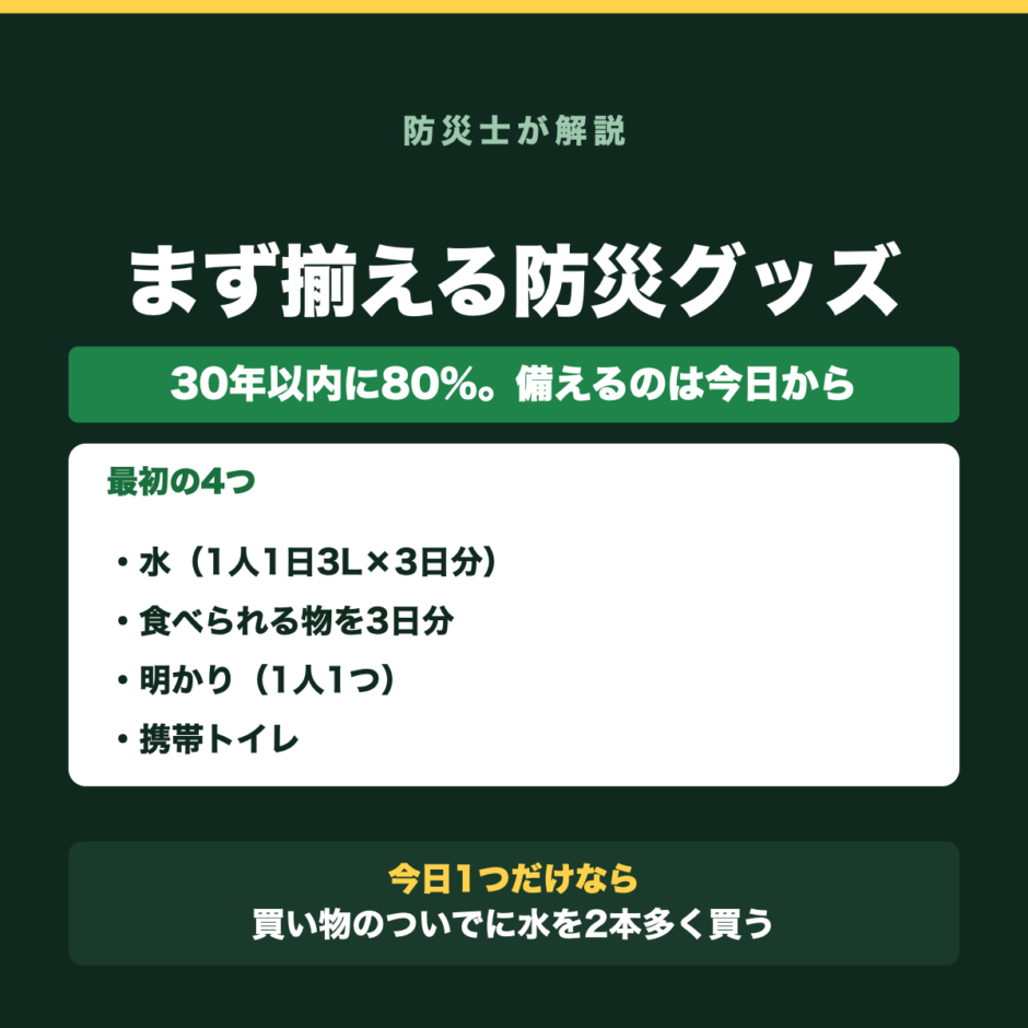 地震の備えは何から？まず揃える防災グッズ【物の備え編】の要点をまとめた図解