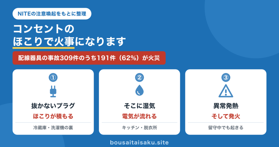 トラッキング現象の図解。抜かないプラグにほこりが積もり、そこに湿気が加わって電気が流れ、異常発熱して発火する流れ。